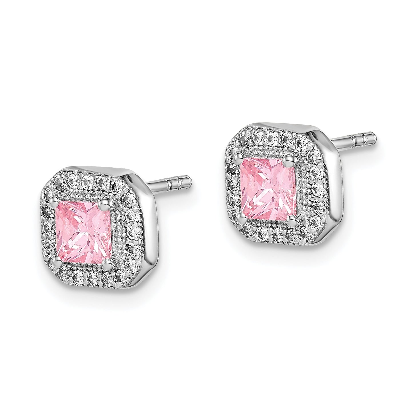 Sterling Silver Rhodium Plated Square Pink Cubic Zirconia and Clear Cubic Zirconia Post Earrings, October