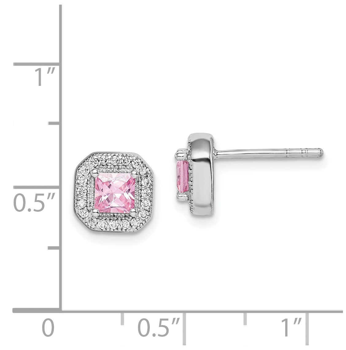 Sterling Silver Rhodium Plated Square Pink Cubic Zirconia and Clear Cubic Zirconia Post Earrings, October