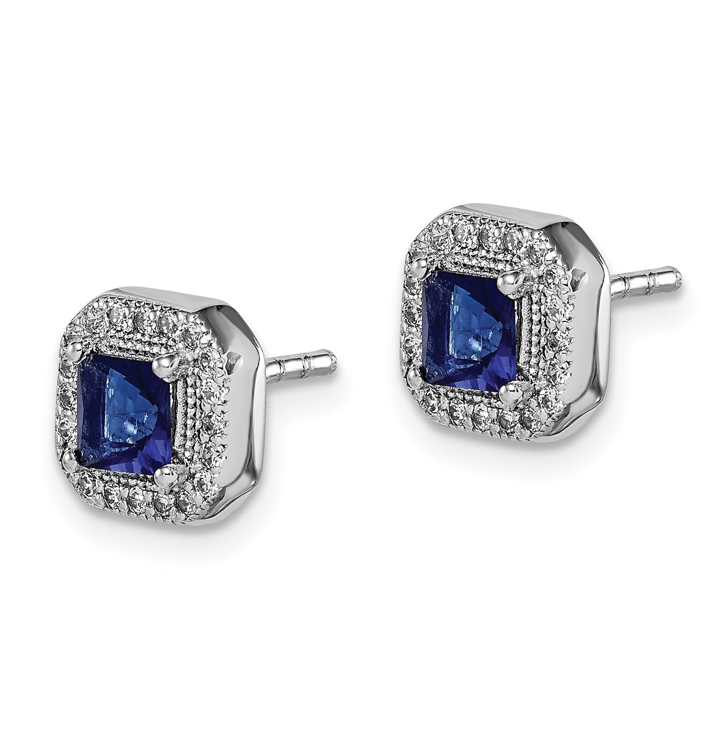 Sterling Silver Rhodium Plated Square Blue and Clear Cubic Zirconia Post Earrings, September