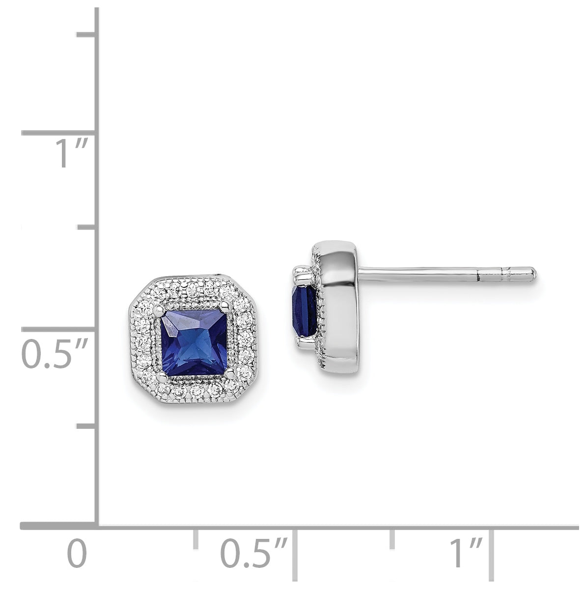 Sterling Silver Rhodium Plated Square Blue and Clear Cubic Zirconia Post Earrings, September