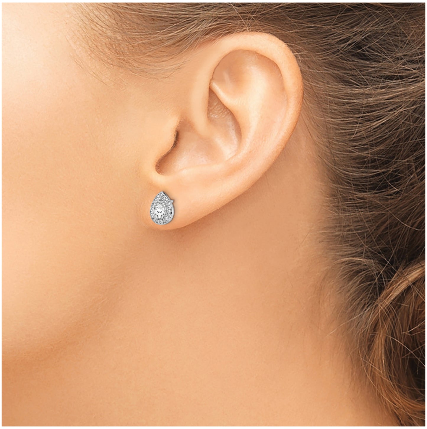 Sterling Silver Rhodium Plated White and Clear Cubic Zirconia Post Earrings, April