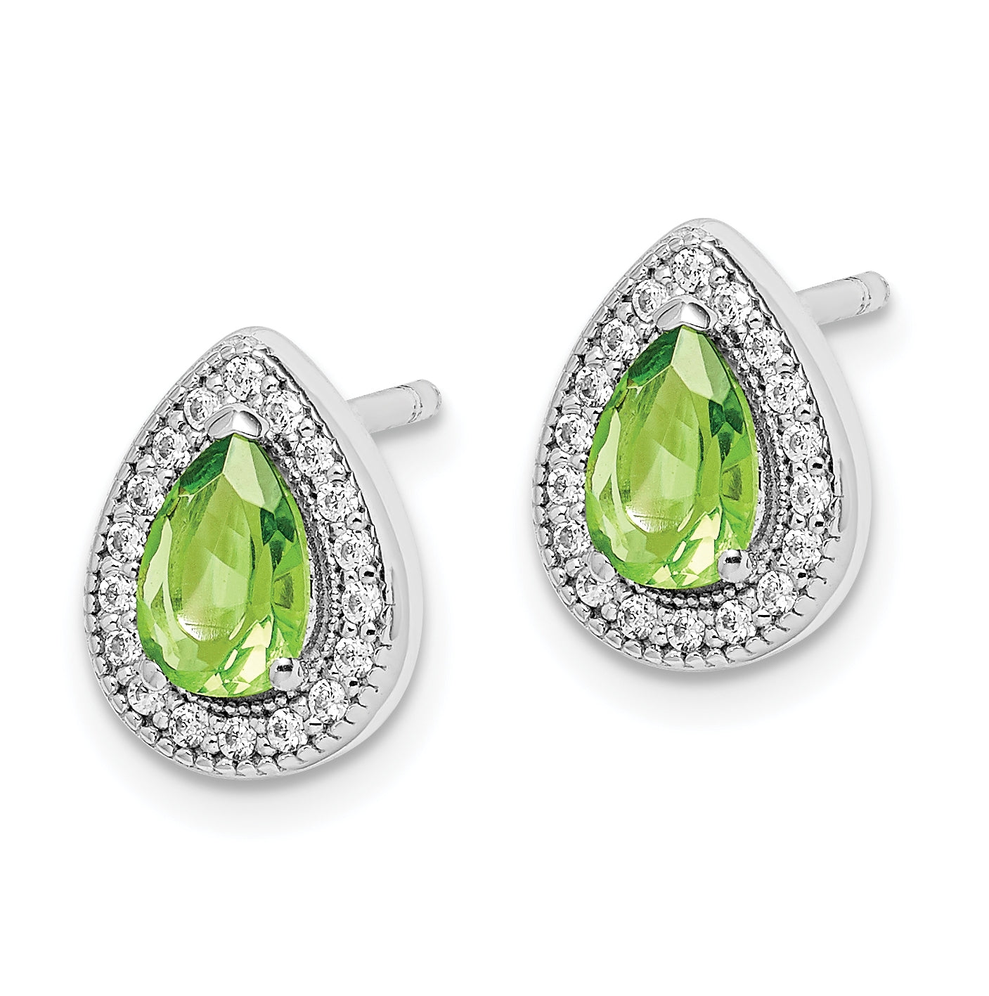 Sterling Silver Rhodium Plated Green and Clear Cubic Zirconia Post Earrings, August