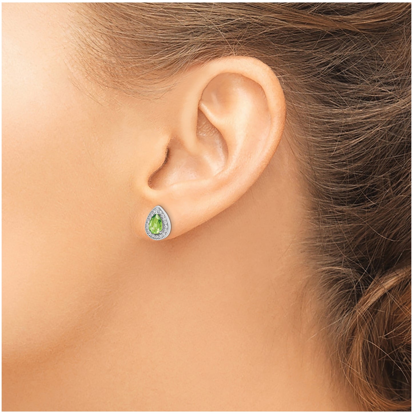 Sterling Silver Rhodium Plated Green and Clear Cubic Zirconia Post Earrings, August
