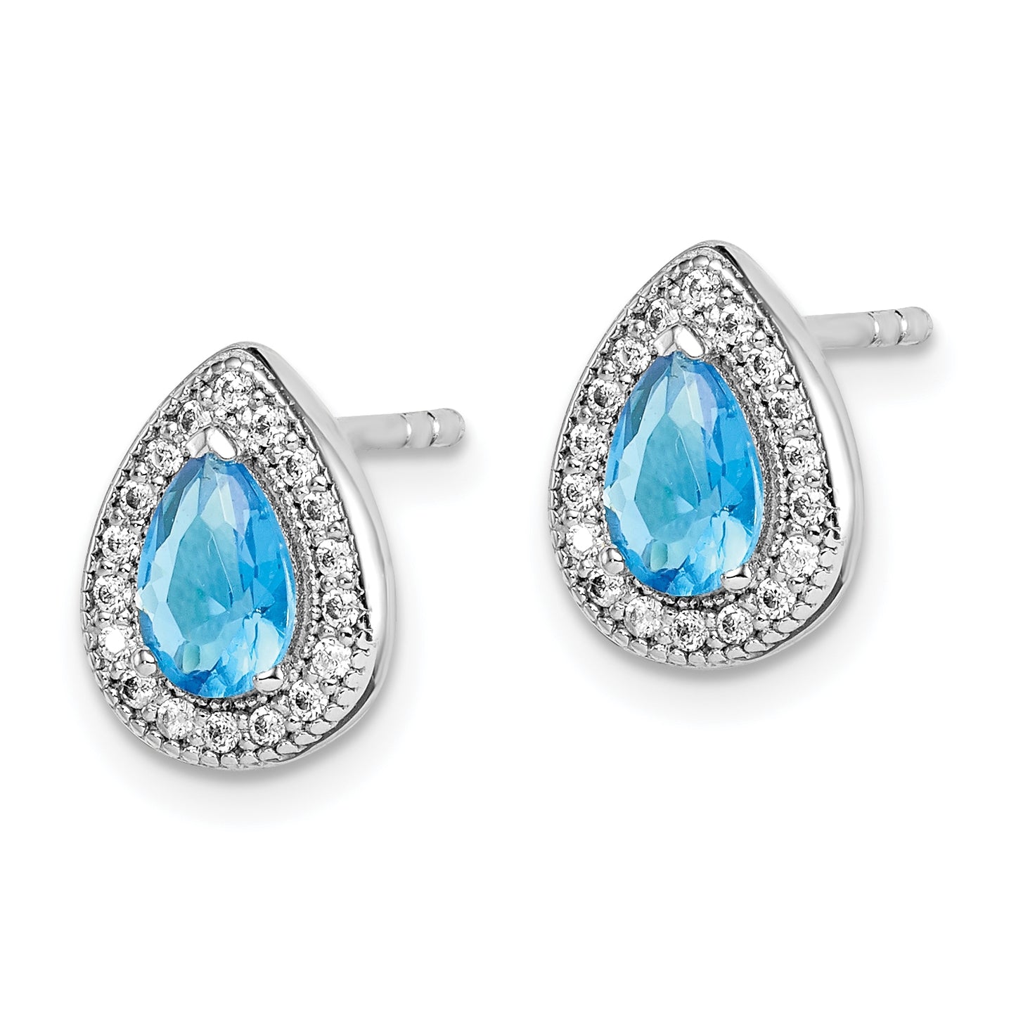 Sterling Silver Rhodium Plated Blue and Clear Cubic Zirconia Post Earrings, December