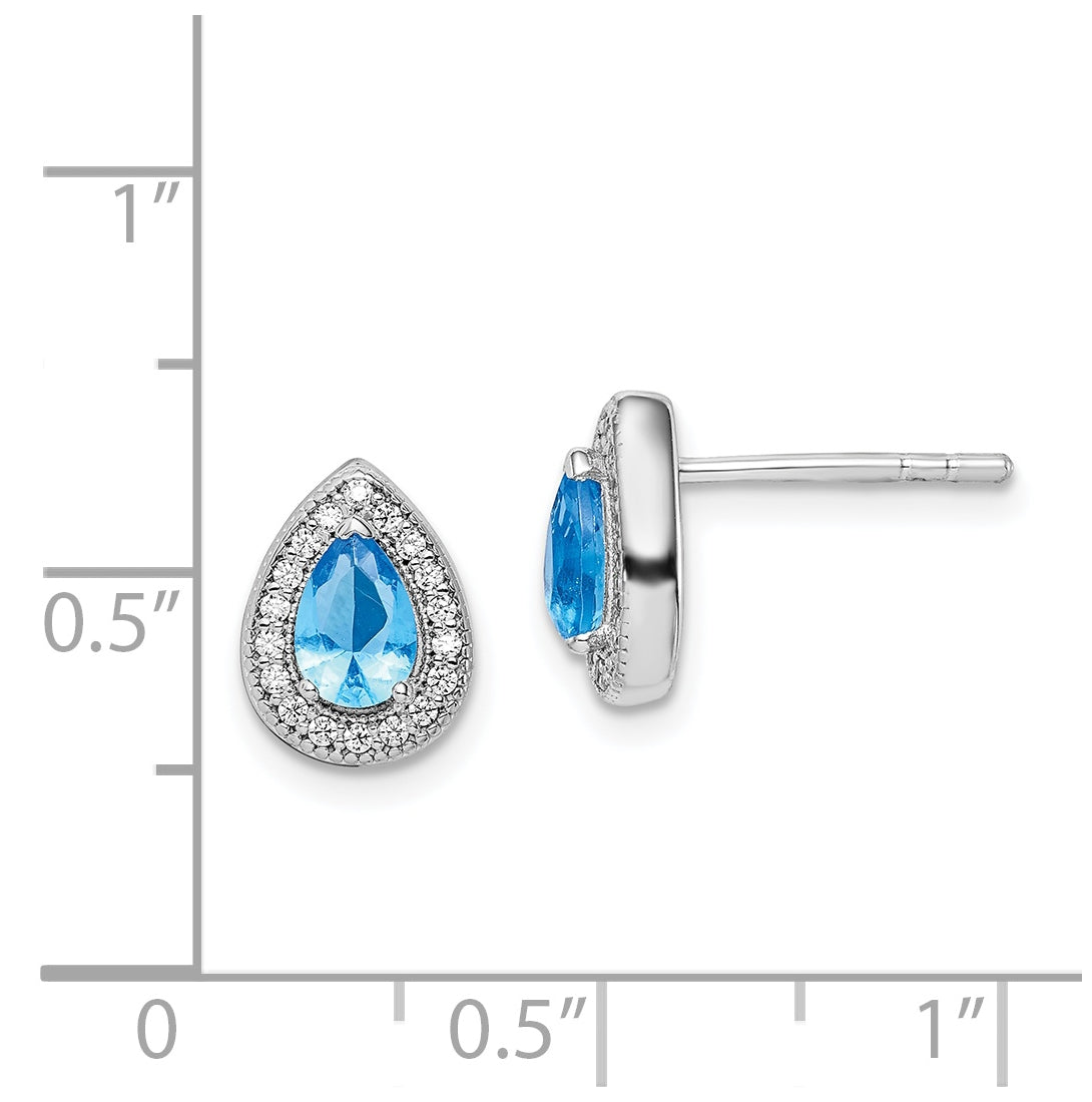 Sterling Silver Rhodium Plated Blue and Clear Cubic Zirconia Post Earrings, December