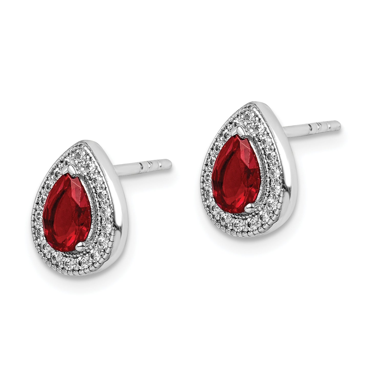 Sterling Silver Rhodium Plated Red and Clear Cubic Zirconia Post Earrings, January