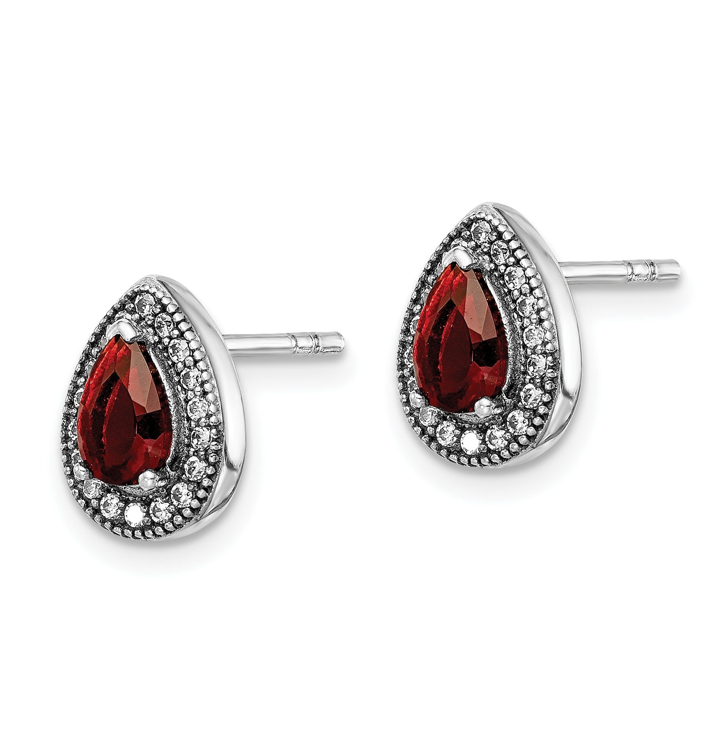 Sterling Silver Rhodium plated Red and Clear Cubic Zirconia Post Earrings, July