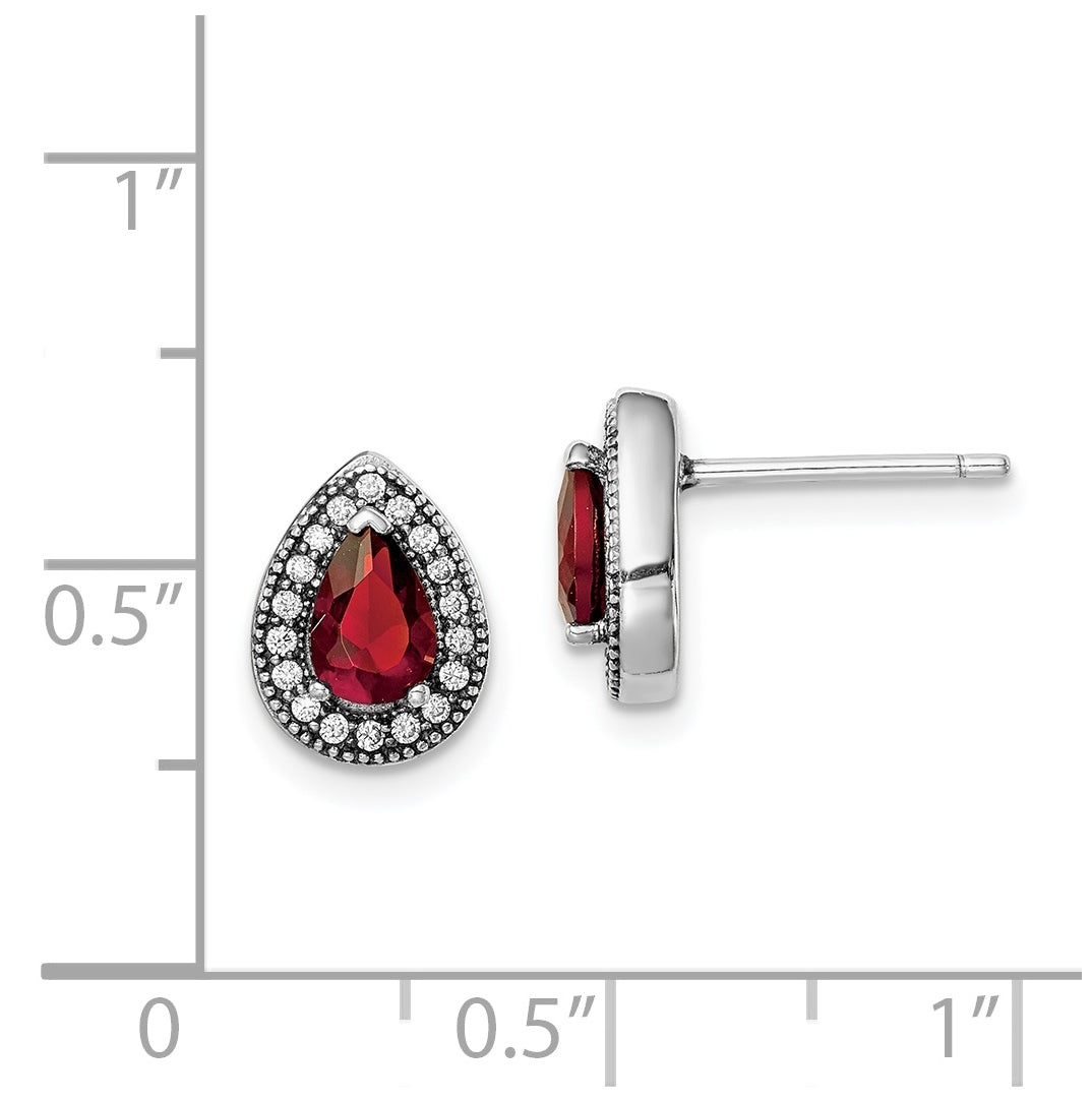 Sterling Silver Rhodium plated Red and Clear Cubic Zirconia Post Earrings, July