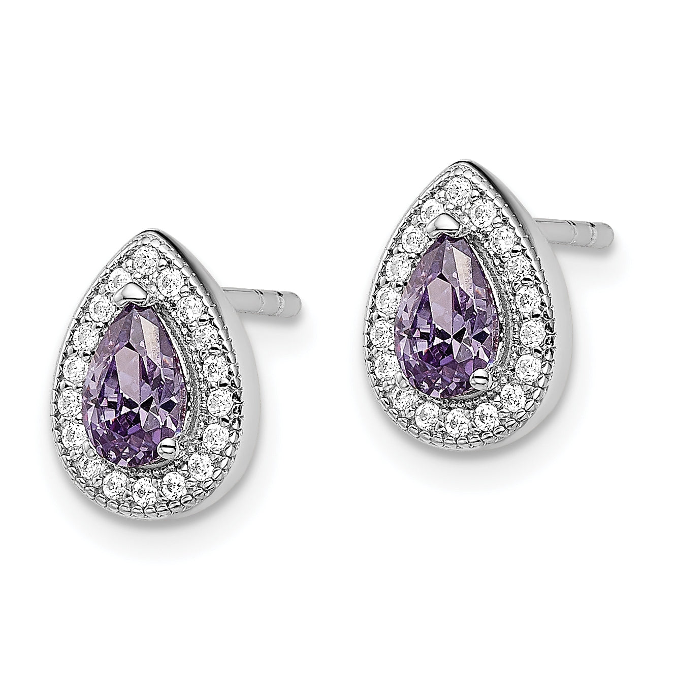 Sterling Silver Rhodium plated Purple and Clear Cubic Zirconia Post Earrings, June