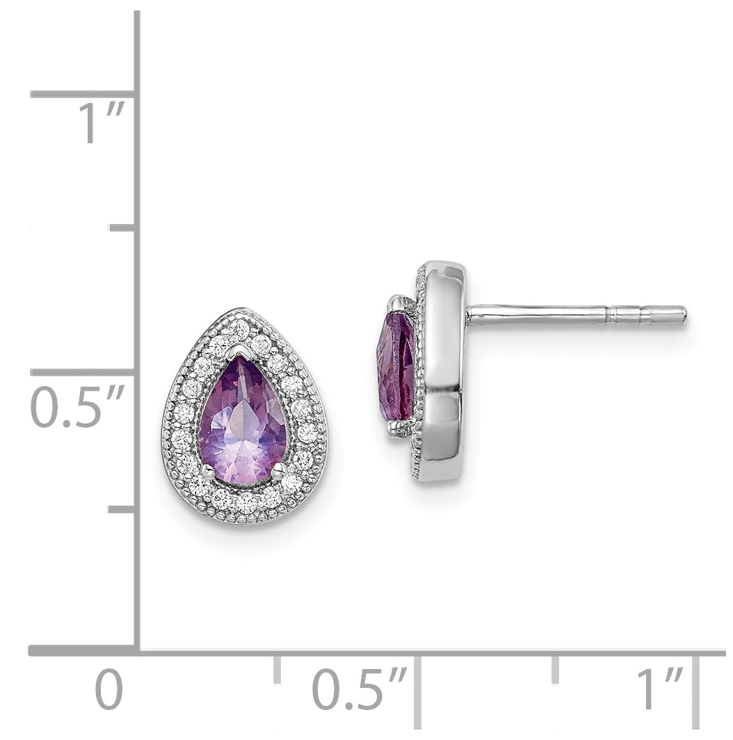 Sterling Silver Rhodium plated Purple and Clear Cubic Zirconia Post Earrings, June