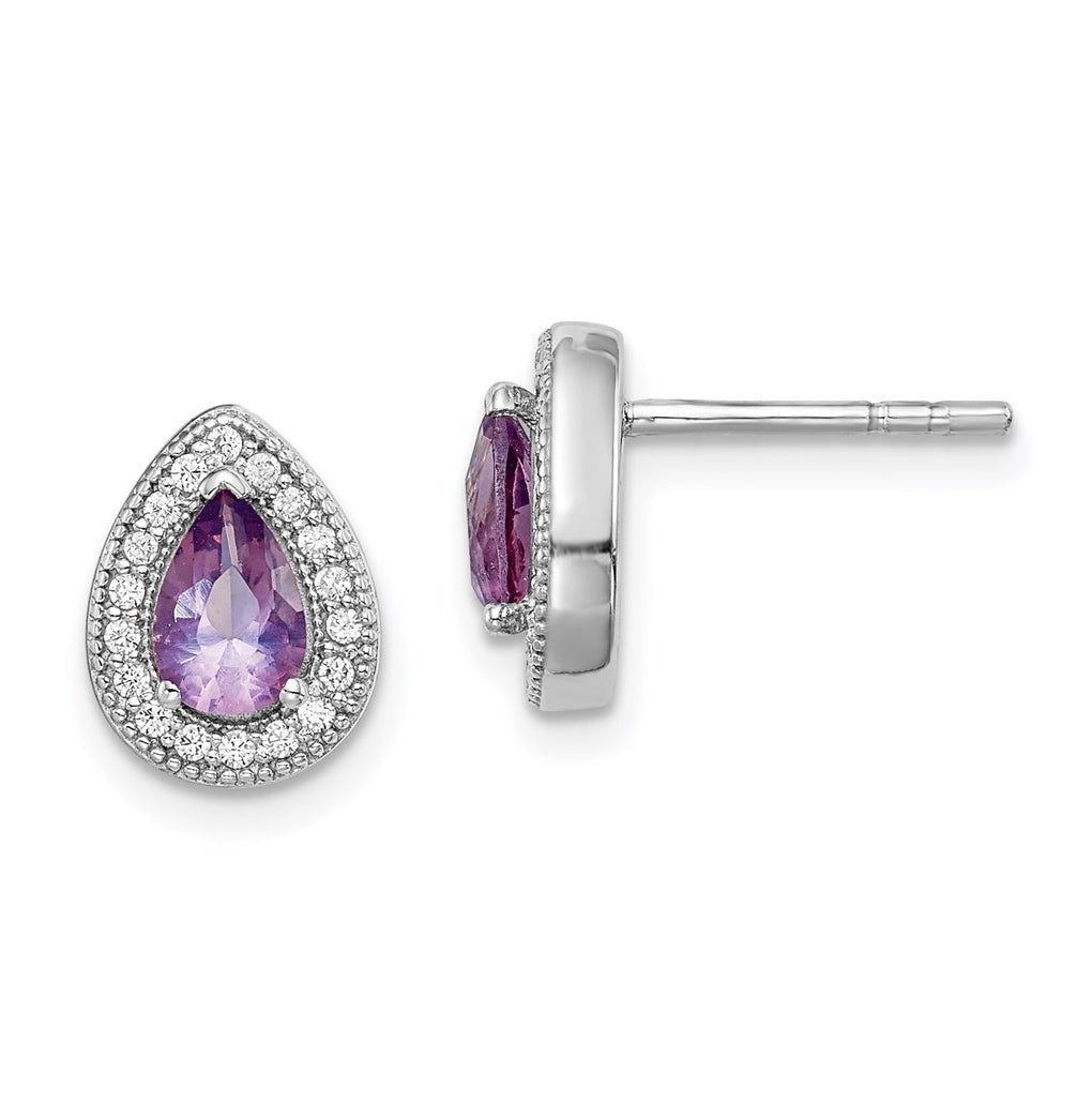 Sterling Silver Rhodium plated Purple and Clear Cubic Zirconia Post Earrings, June