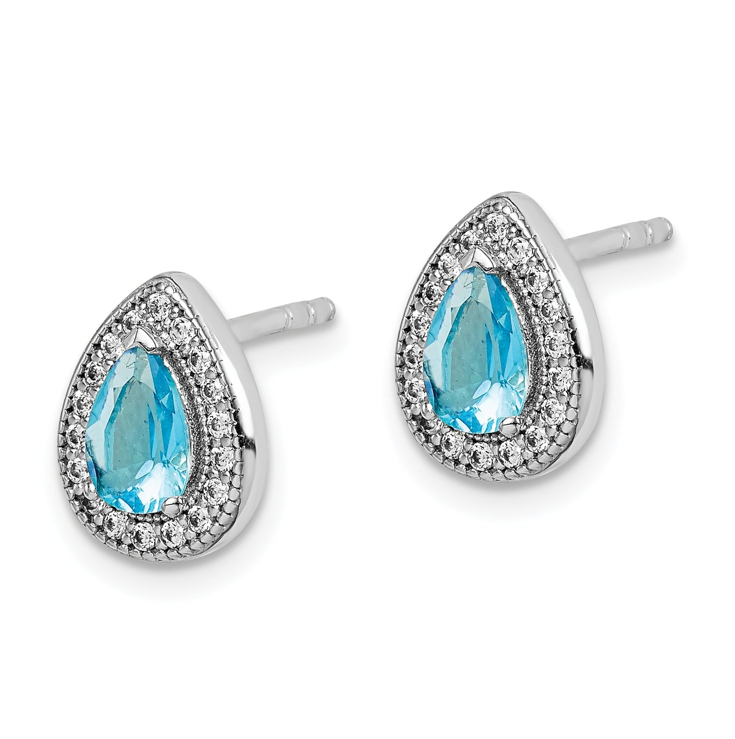 Sterling Silver Rhod Plated Blue and Clear Cubic Zirconia Post Earrings, March