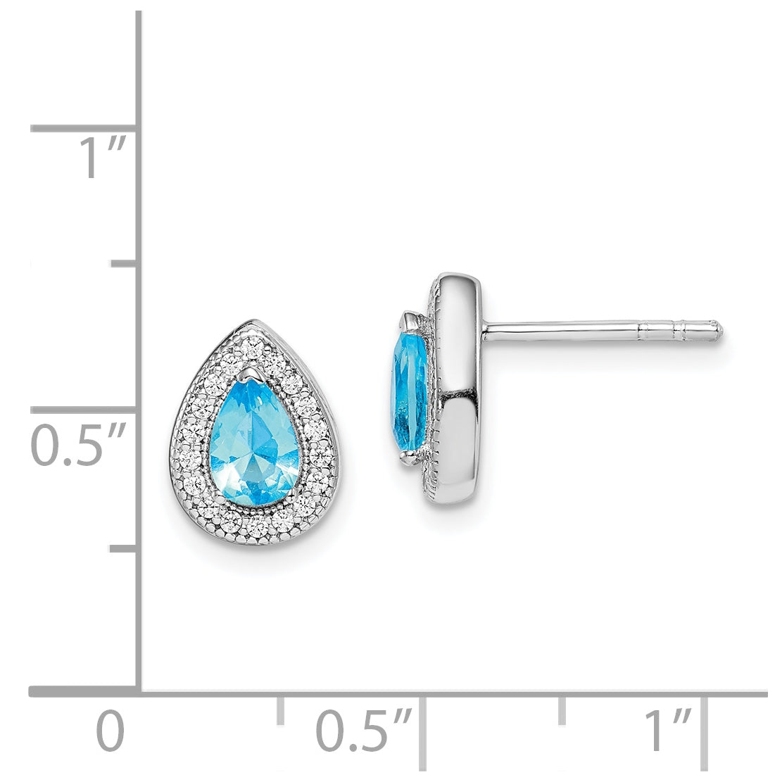 Sterling Silver Rhod Plated Blue and Clear Cubic Zirconia Post Earrings, March