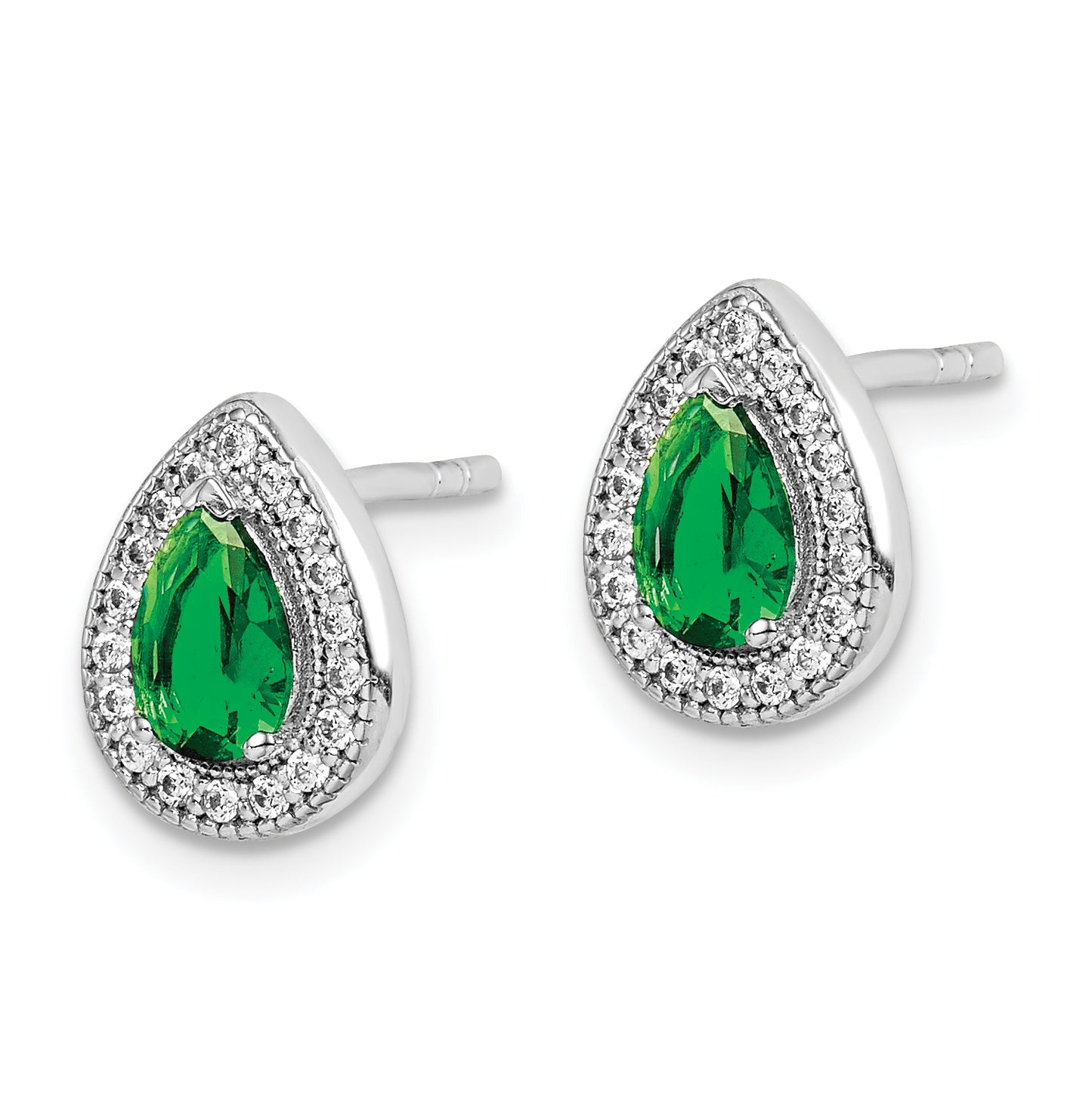 Sterling Silver Rhodium Plated Green and Clear Cubic Zirconia Post Earrings, May