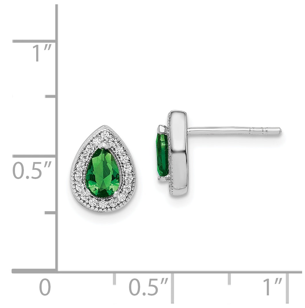 Sterling Silver Rhodium Plated Green and Clear Cubic Zirconia Post Earrings, May