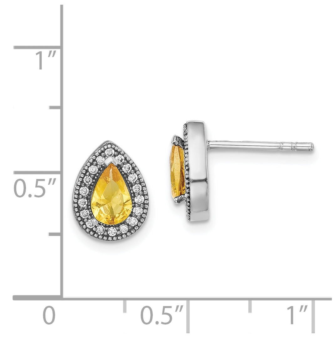 Sterling Silver Rhodium plated Yellow and Clear Cubic Zirconia Post Earrings, November