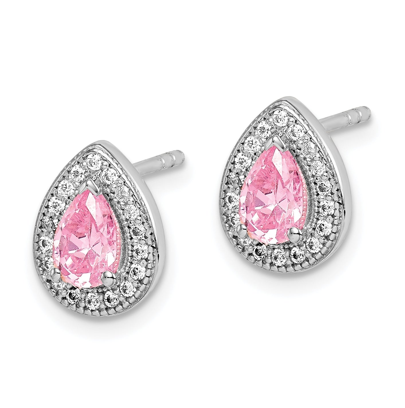 Sterling Silver Rhodium Plated Pink and Clear Cubic Zirconia Post Earrings, October