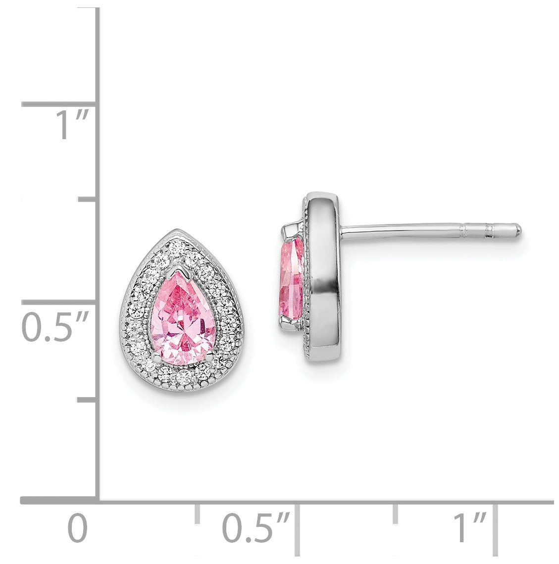 Sterling Silver Rhodium Plated Pink and Clear Cubic Zirconia Post Earrings, October