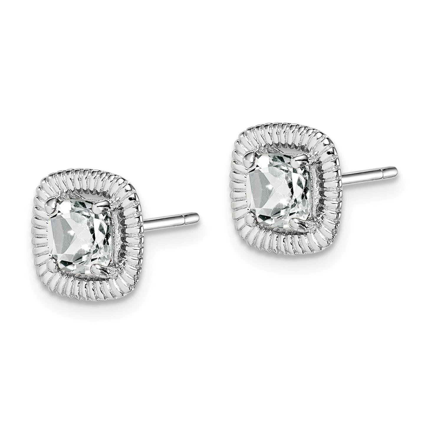 Sterling Silver Rhodium Plated White Topaz Square Post Earrings