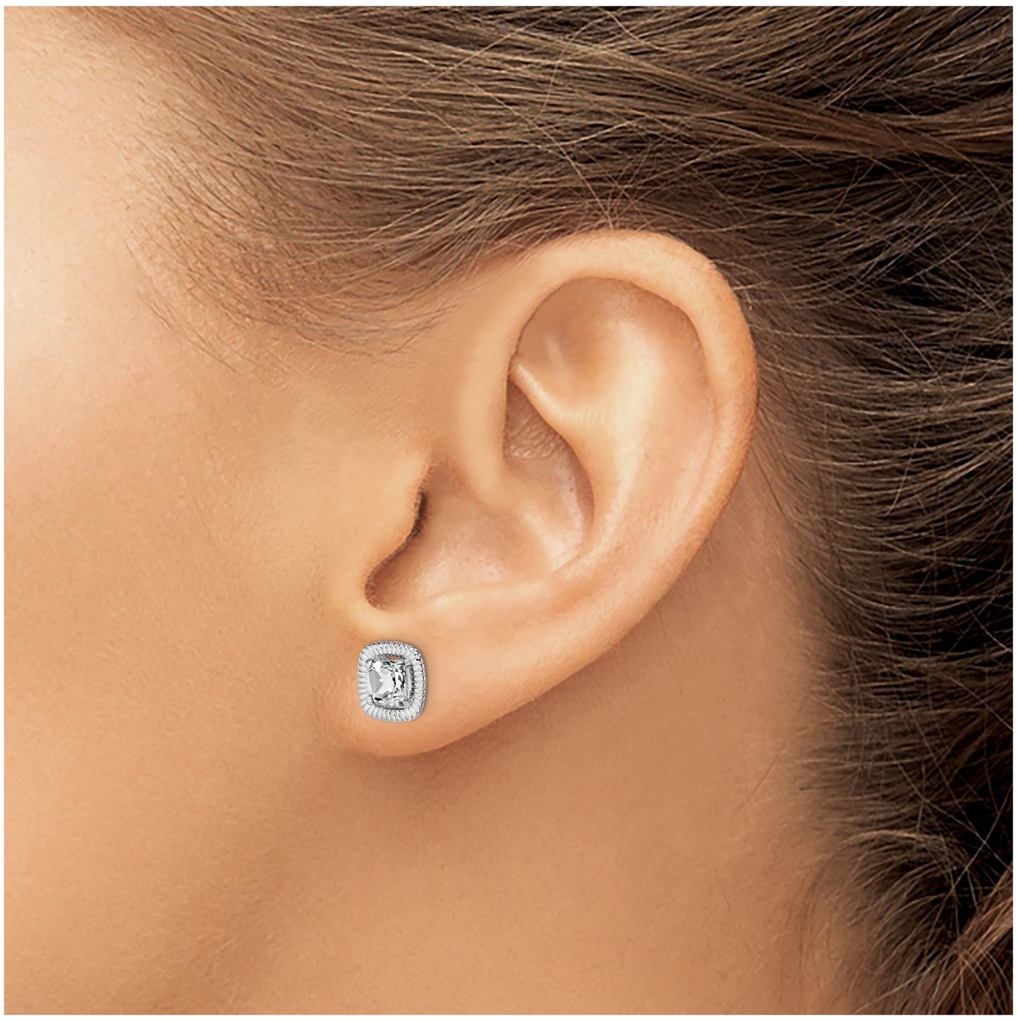 Sterling Silver Rhodium Plated White Topaz Square Post Earrings