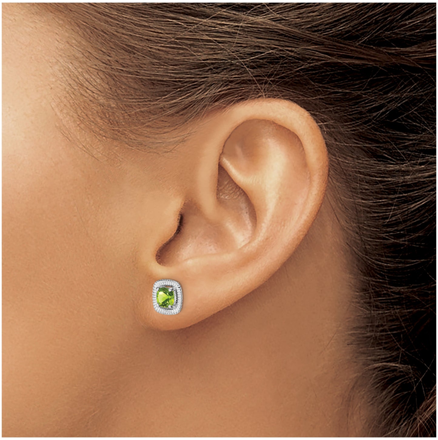 Sterling Silver Rhodium Plated Peridot Square Post Earrings