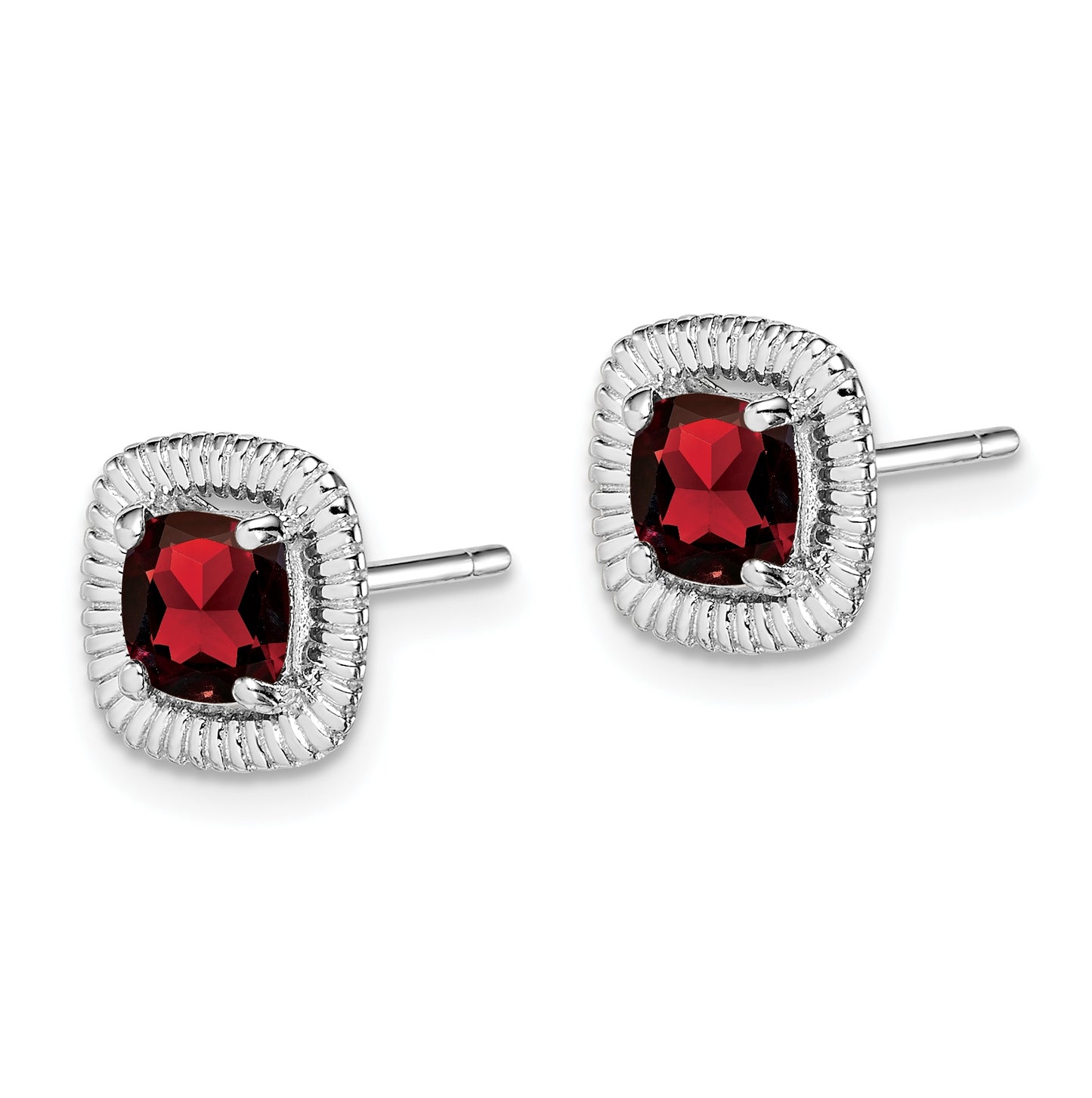 Sterling Silver Rhodium Plated Garnet Square Post Earrings