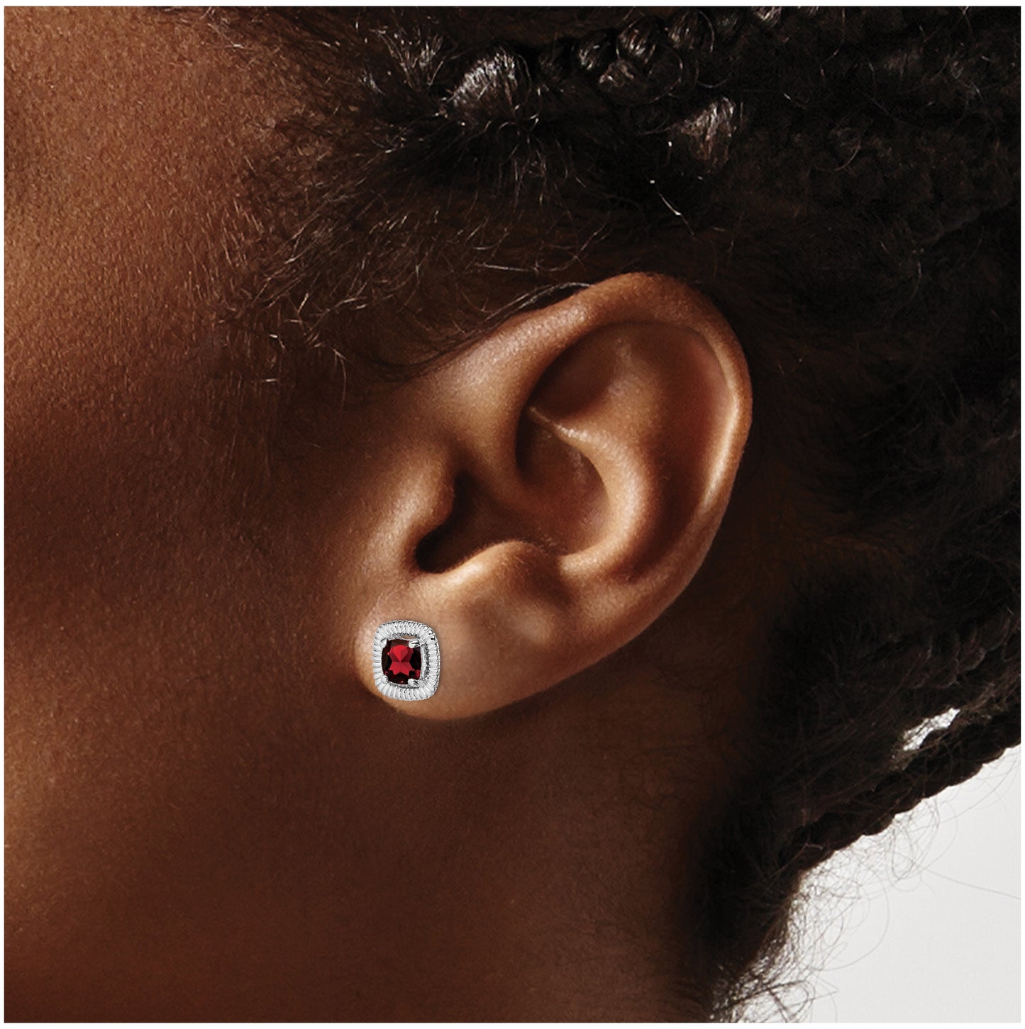 Sterling Silver Rhodium Plated Garnet Square Post Earrings