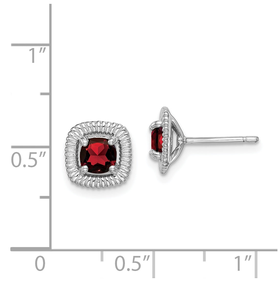 Sterling Silver Rhodium Plated Garnet Square Post Earrings
