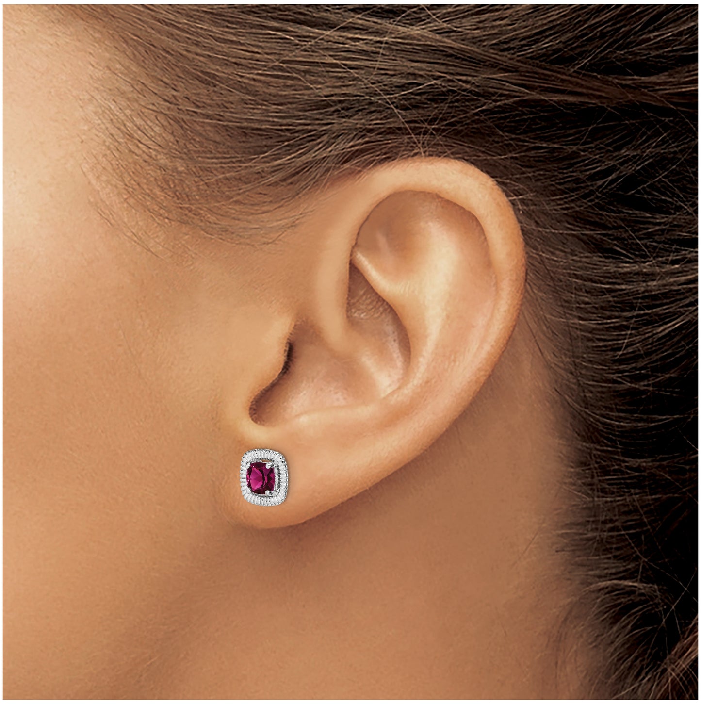 Sterling Silver Rhodium Plated Rhodolite Garnet Square Post Earrings