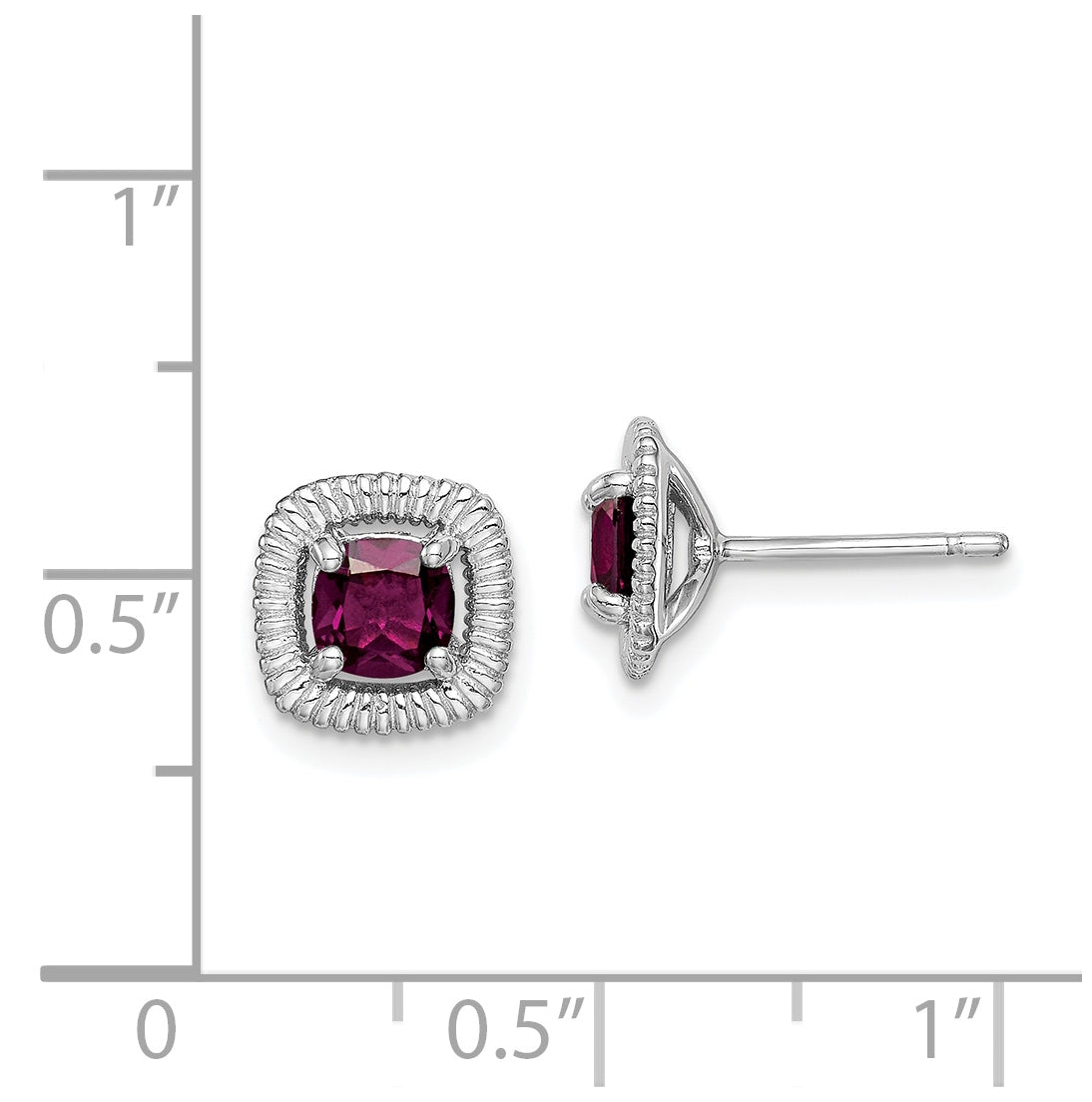 Sterling Silver Rhodium Plated Rhodolite Garnet Square Post Earrings