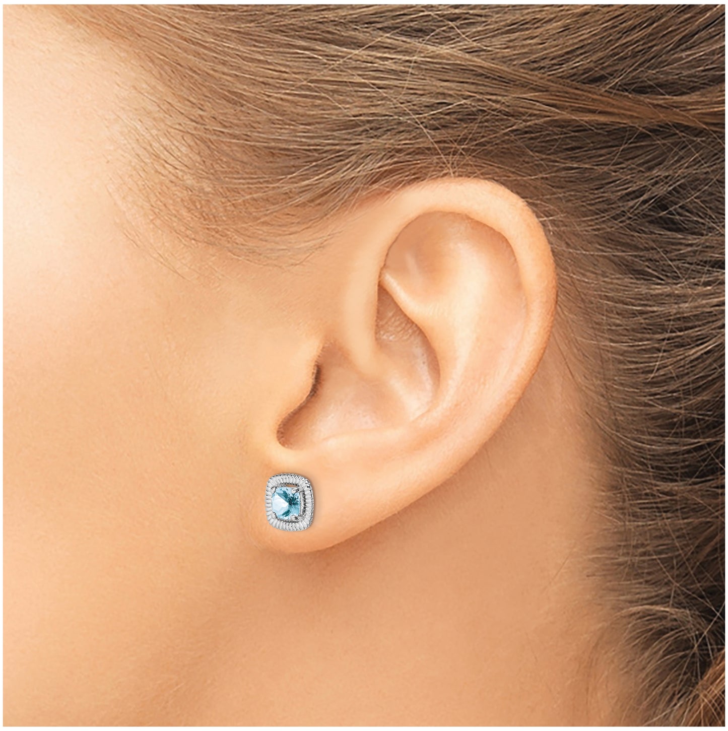 Sterling Silver Rhodium Plated Aquamarine Square Post Earrings