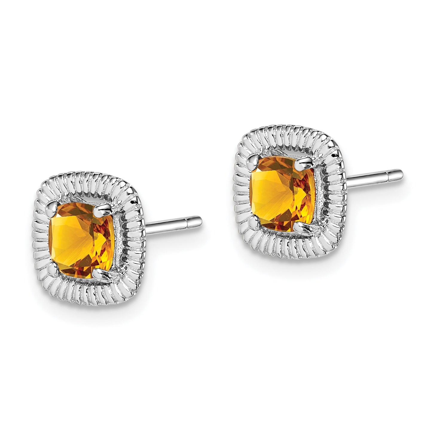 Sterling Silver Rhodium Plated Citrine Square Post Earrings