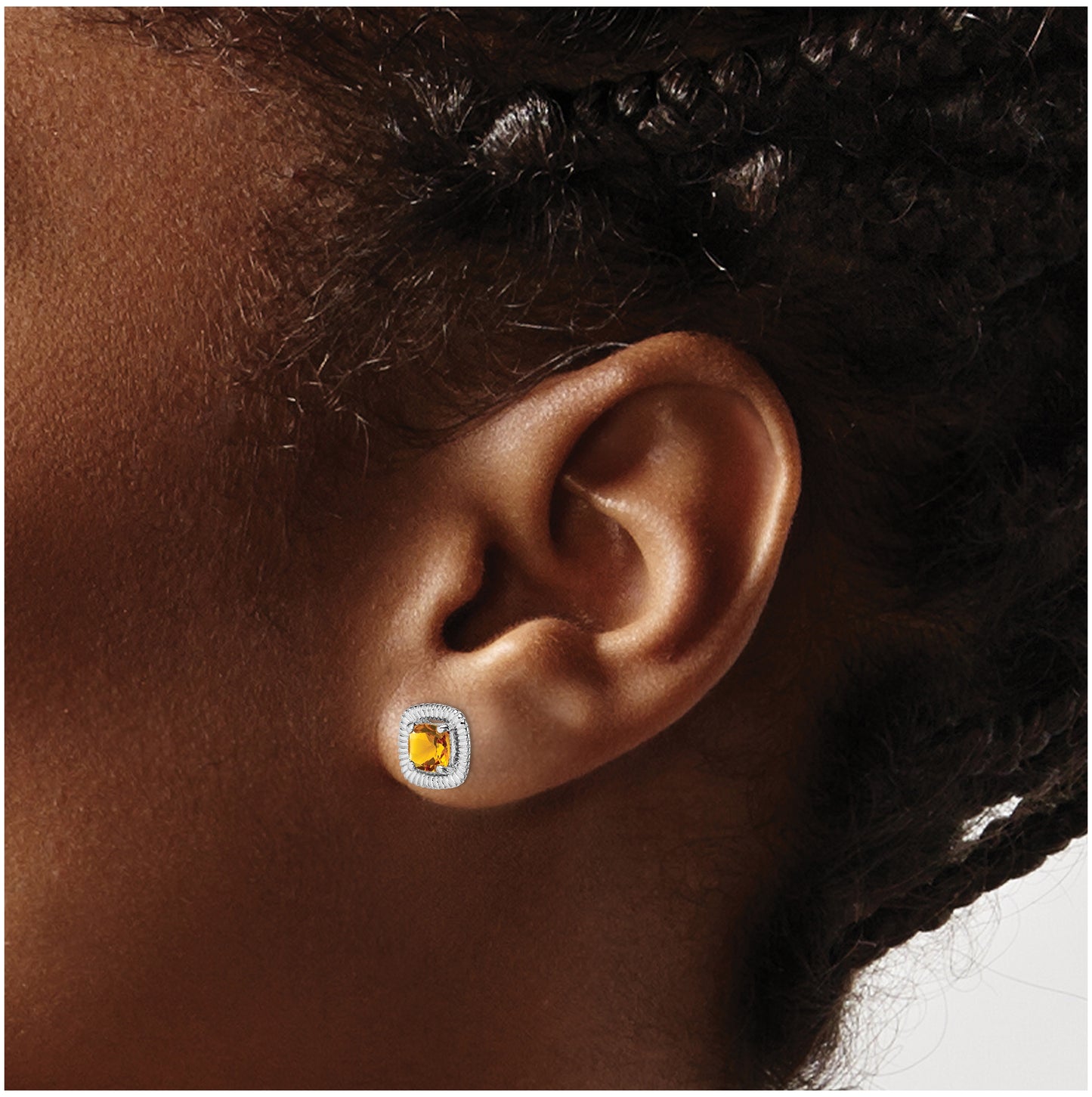 Sterling Silver Rhodium Plated Citrine Square Post Earrings