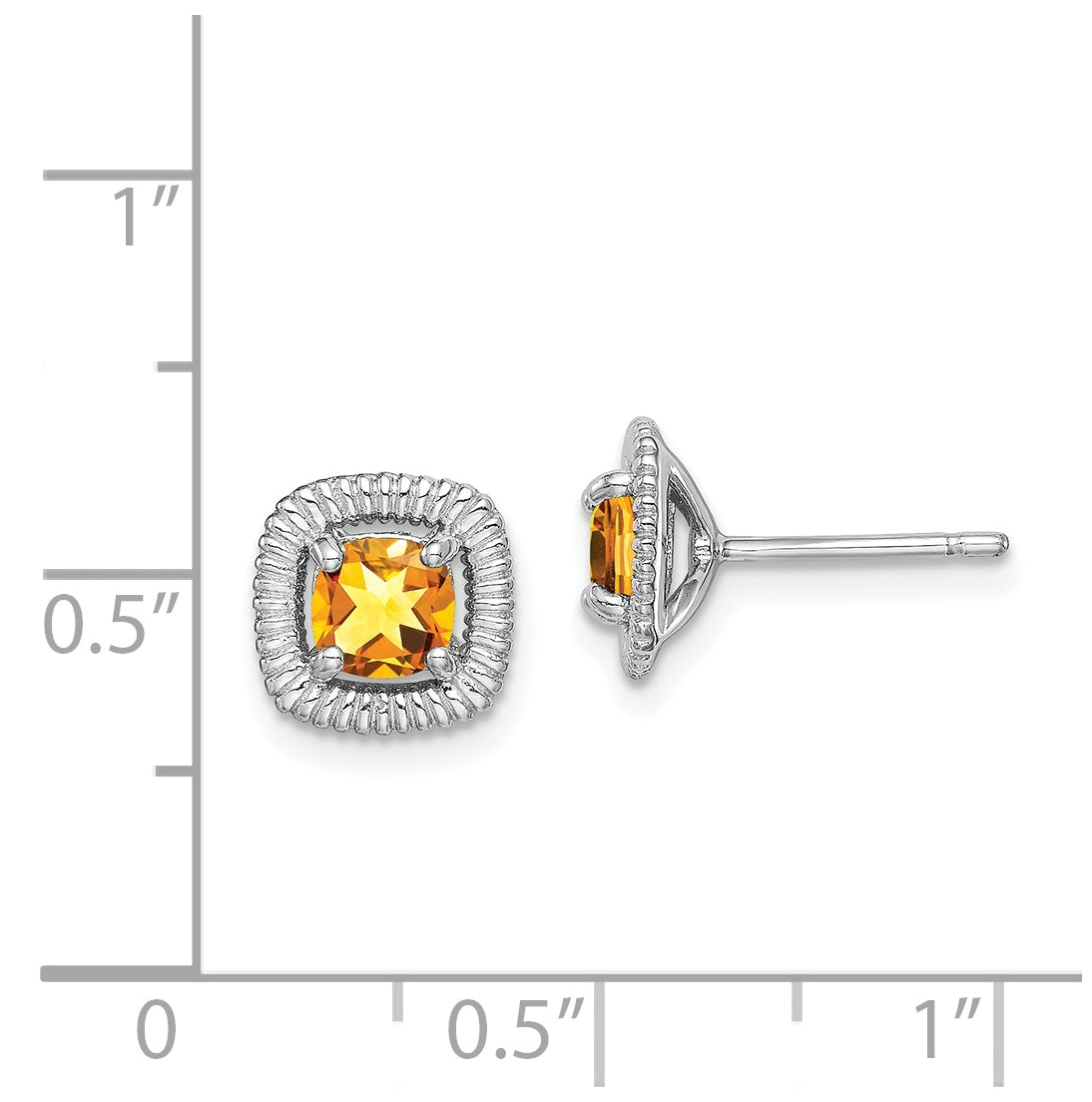 Sterling Silver Rhodium Plated Citrine Square Post Earrings