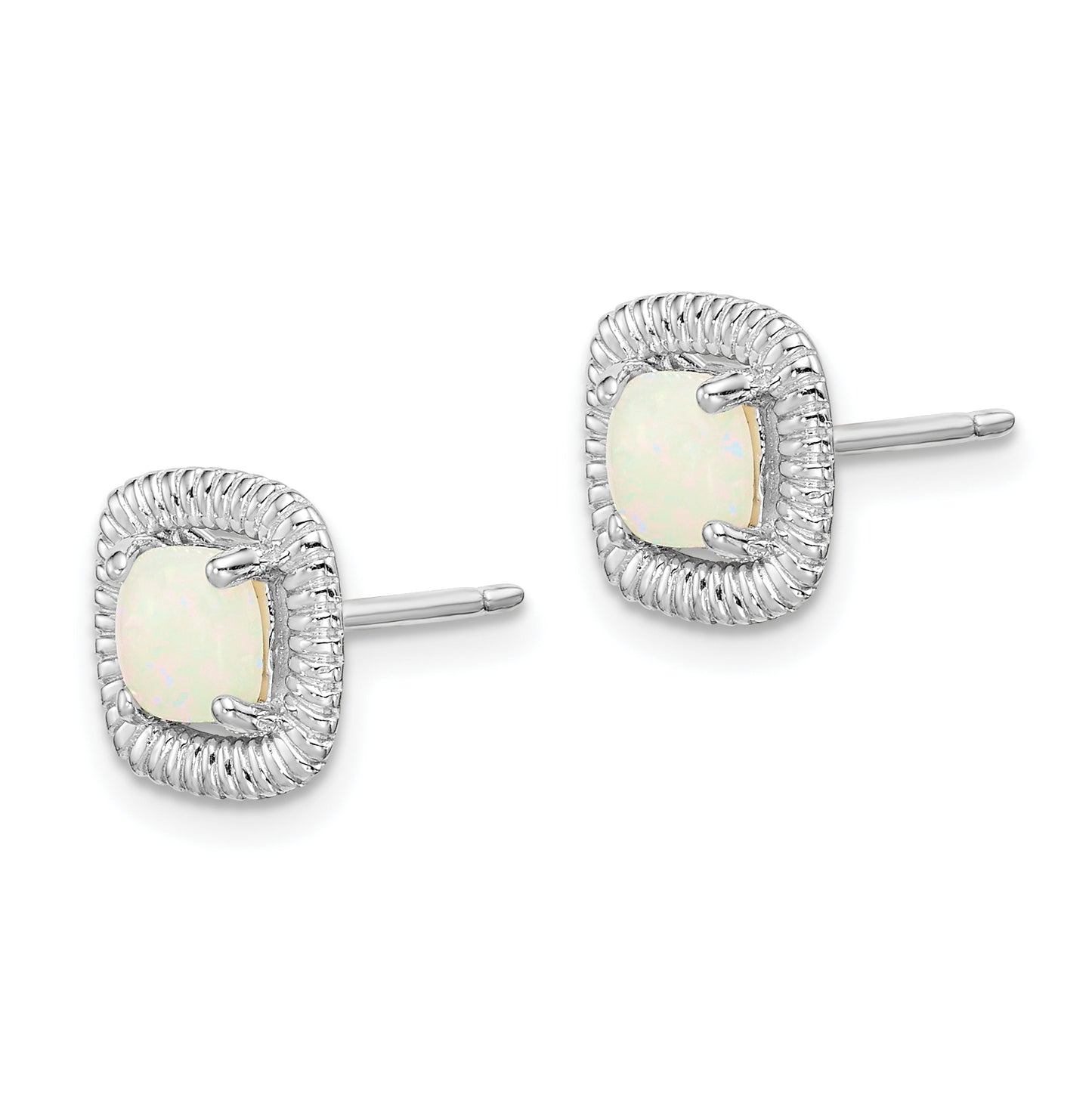 Sterling Silver Rhodium Plated Milky Opal Square Post Earrings