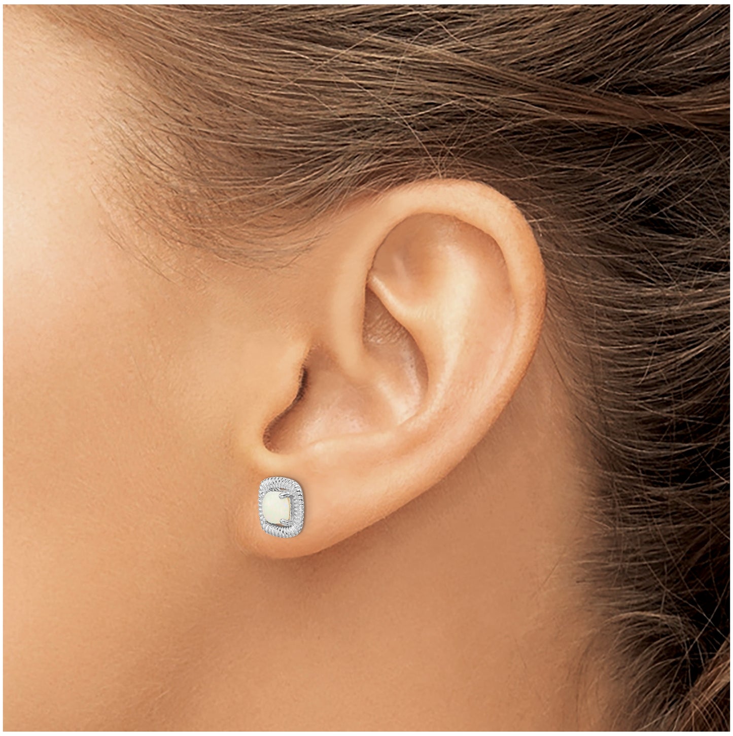 Sterling Silver Rhodium Plated Milky Opal Square Post Earrings