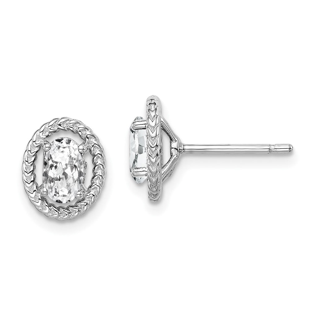 Sterling Silver Rhodium Plated White Topaz Oval Post Earrings