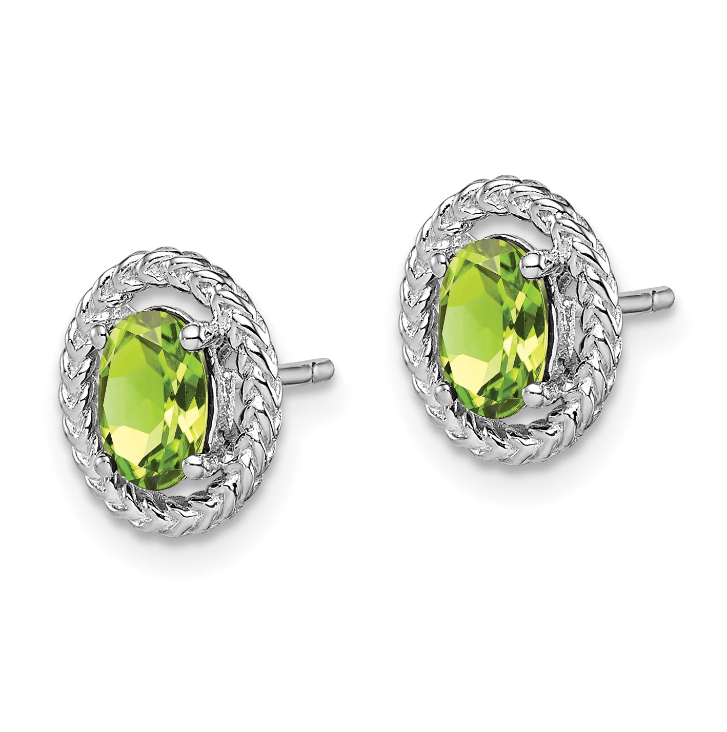 Sterling Silver Rhodium Plated Peridot Oval Post Earrings