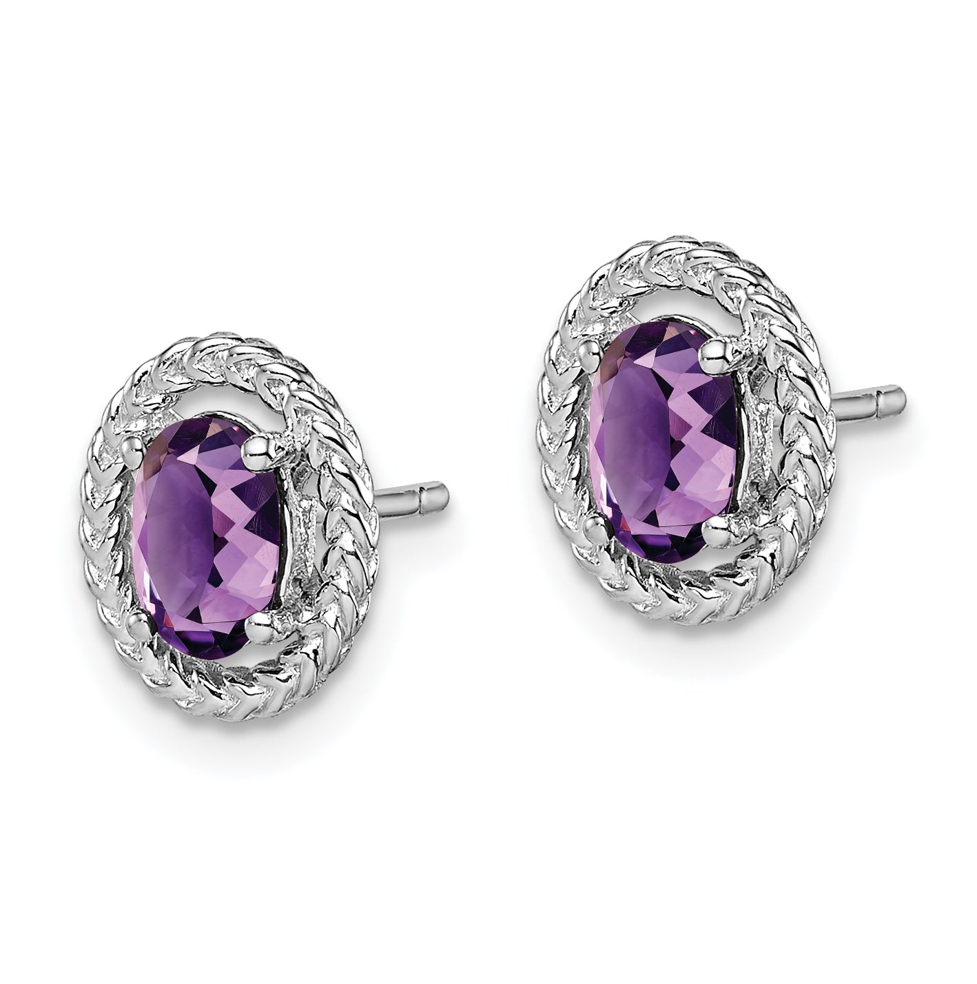 Sterling Silver Rhodium Plated Amethyst Oval Post Earrings