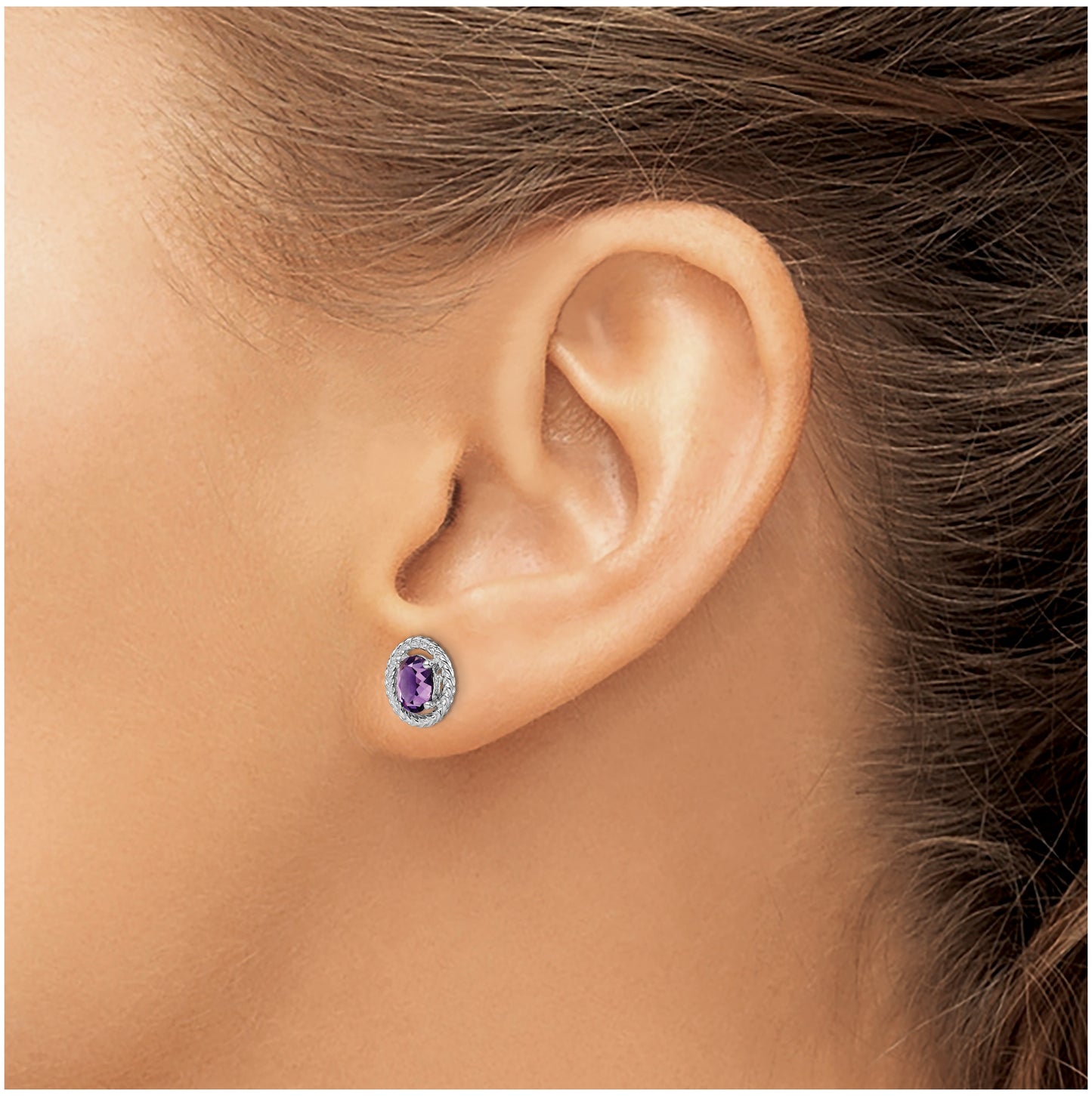 Sterling Silver Rhodium Plated Amethyst Oval Post Earrings