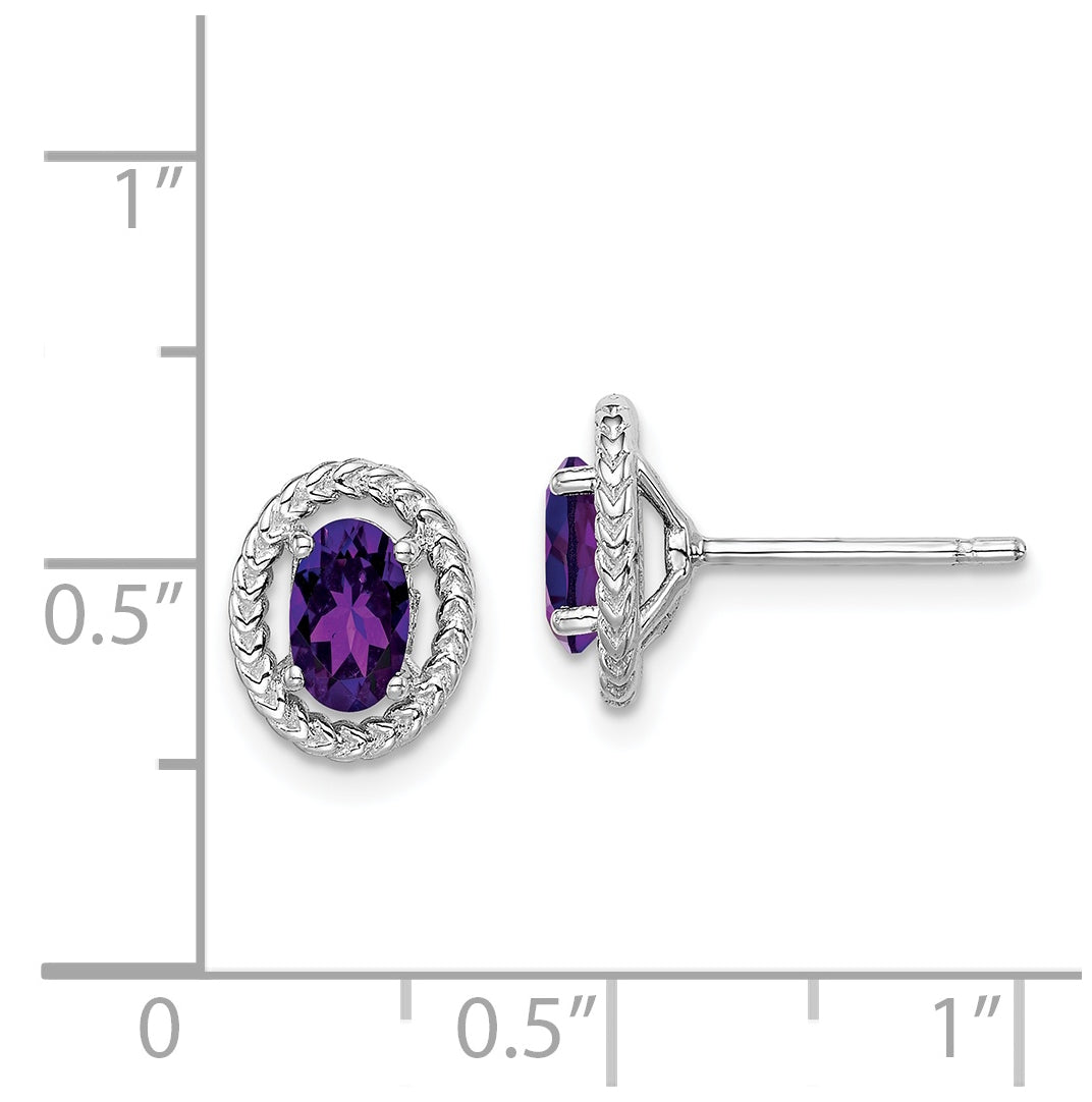 Sterling Silver Rhodium Plated Amethyst Oval Post Earrings