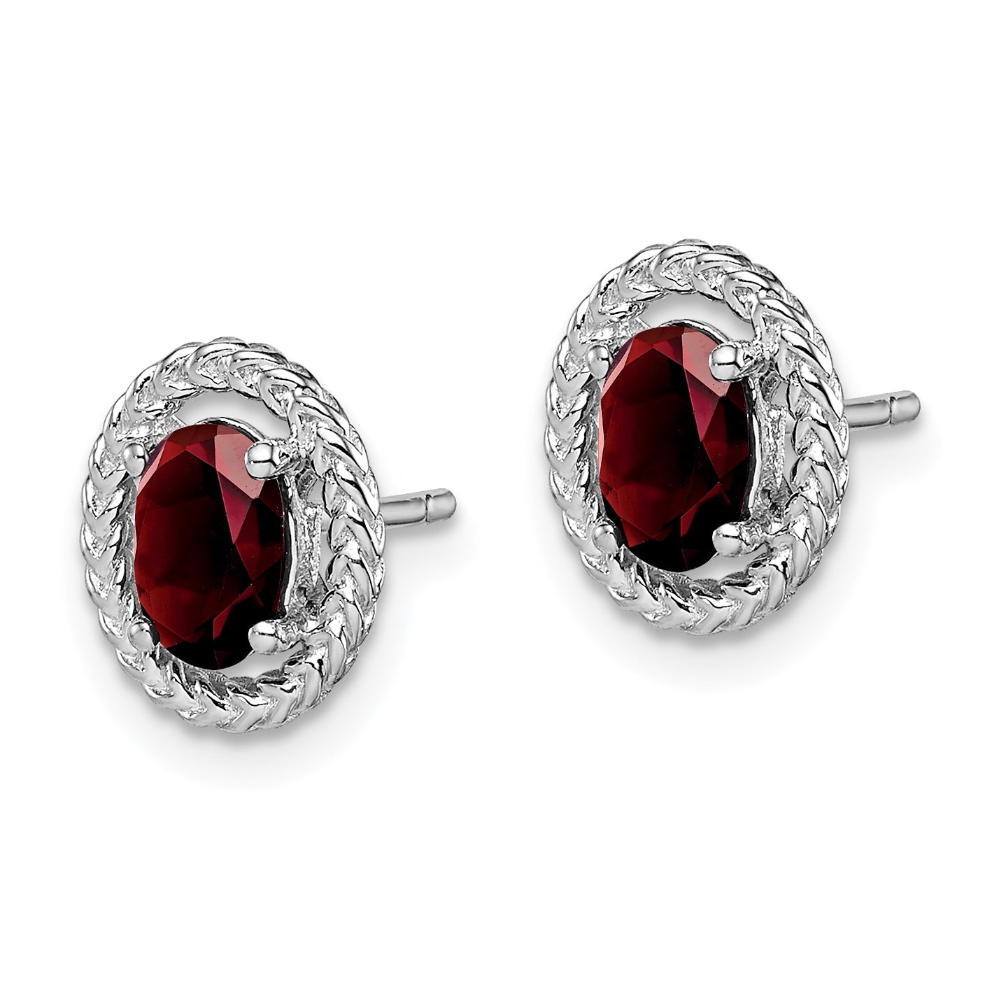 Sterling Silver Rhodium Plated Garnet Oval Post Earrings