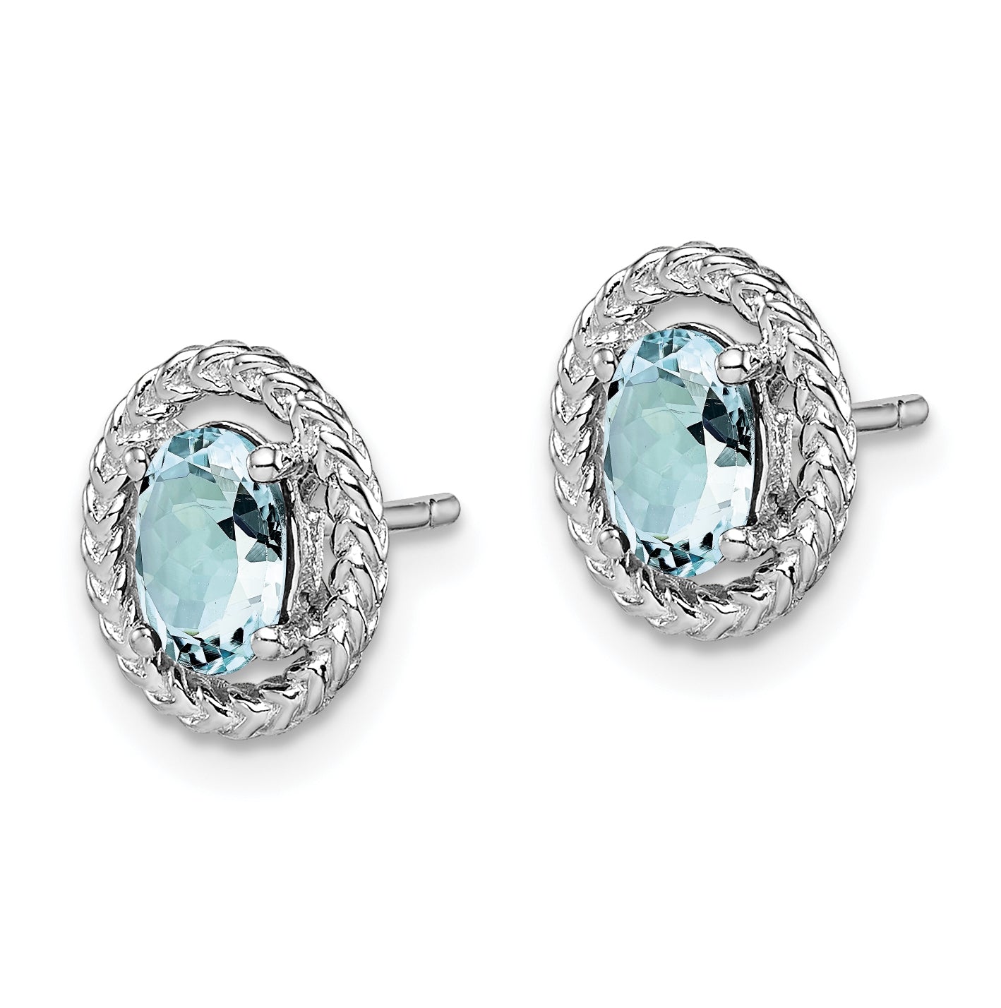Sterling Silver Rhodium Plated Aquamarine Oval Post Earrings
