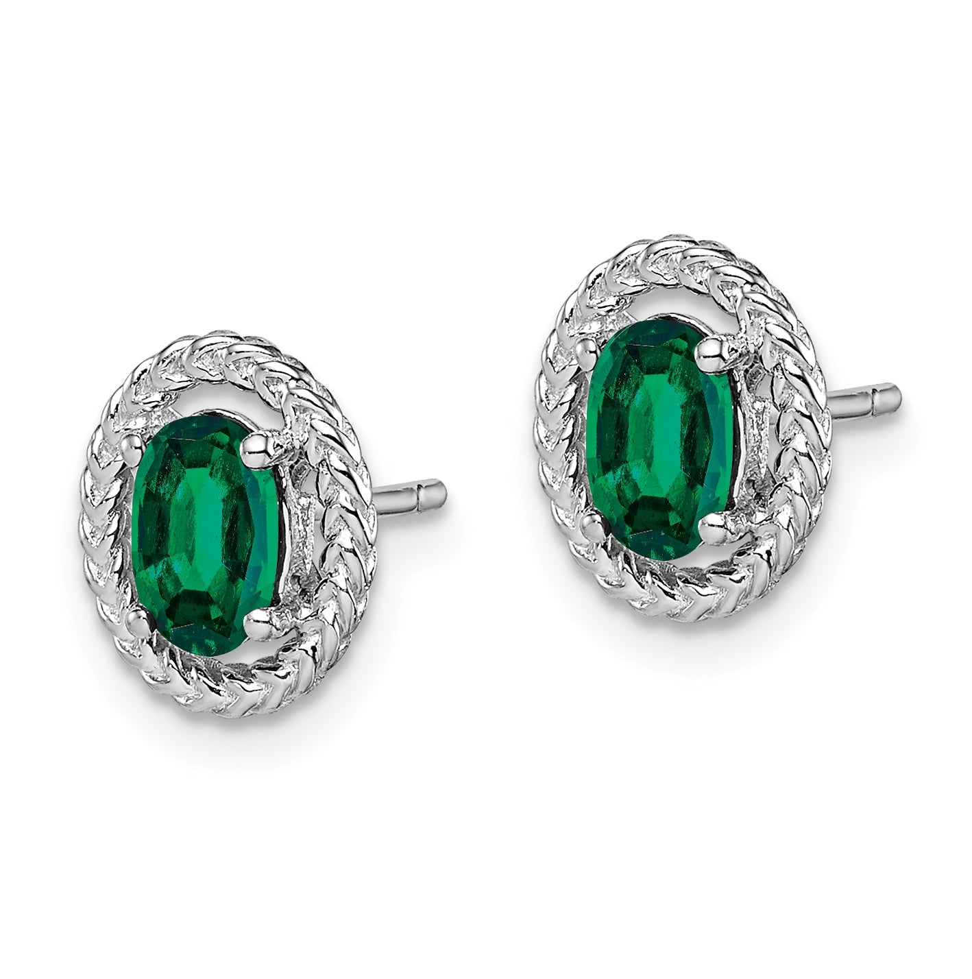 Sterling Silver Rhodium Plated Created Emerald Oval Post Earrings