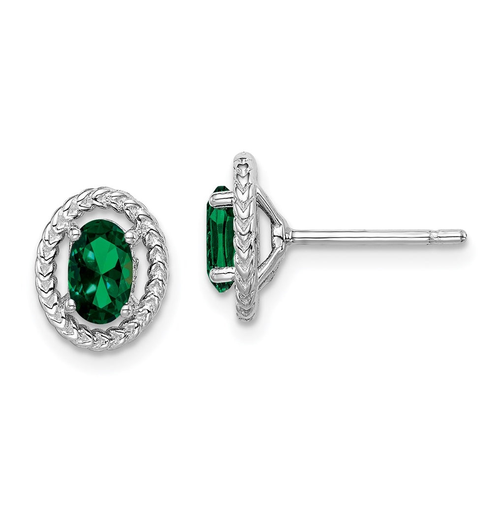 Sterling Silver Rhodium Plated Created Emerald Oval Post Earrings