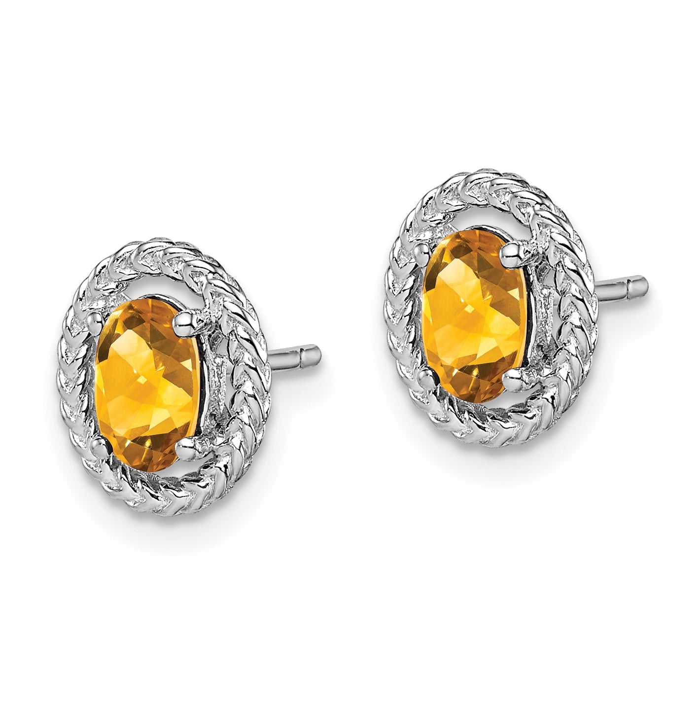 Sterling Silver Rhodium Plated Citrine Oval Post Earrings