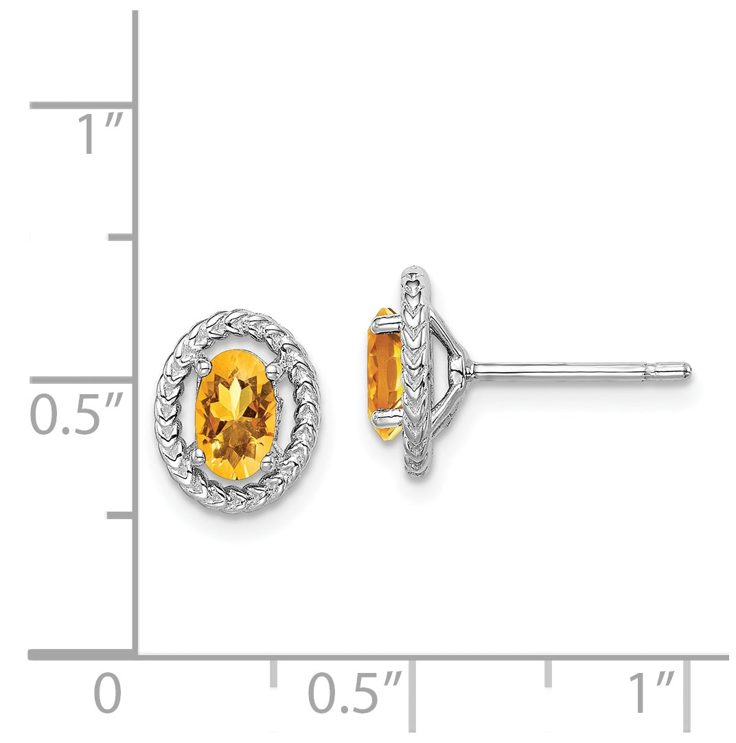 Sterling Silver Rhodium Plated Citrine Oval Post Earrings