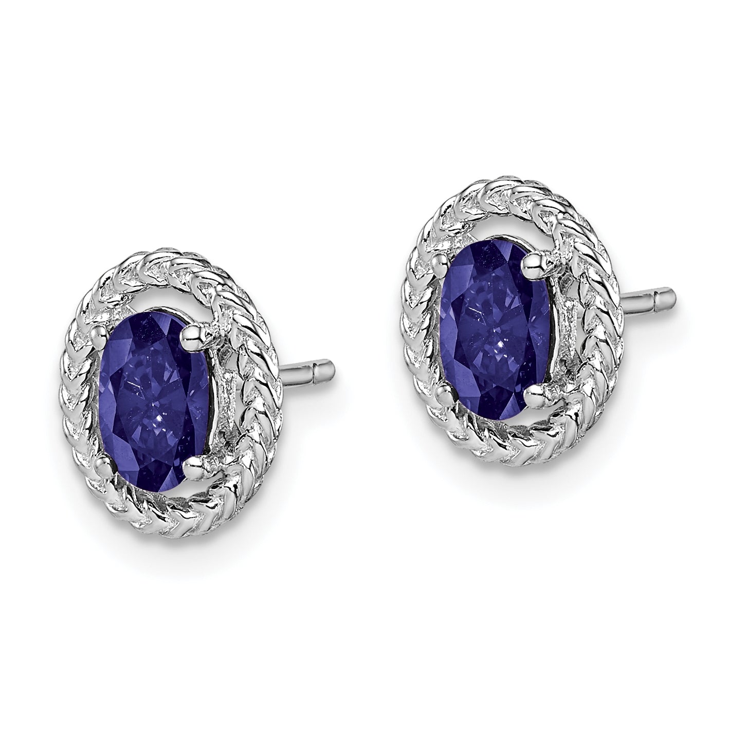 Sterling Silver Rhodium Plated Create Sapphire Oval Post Earrings