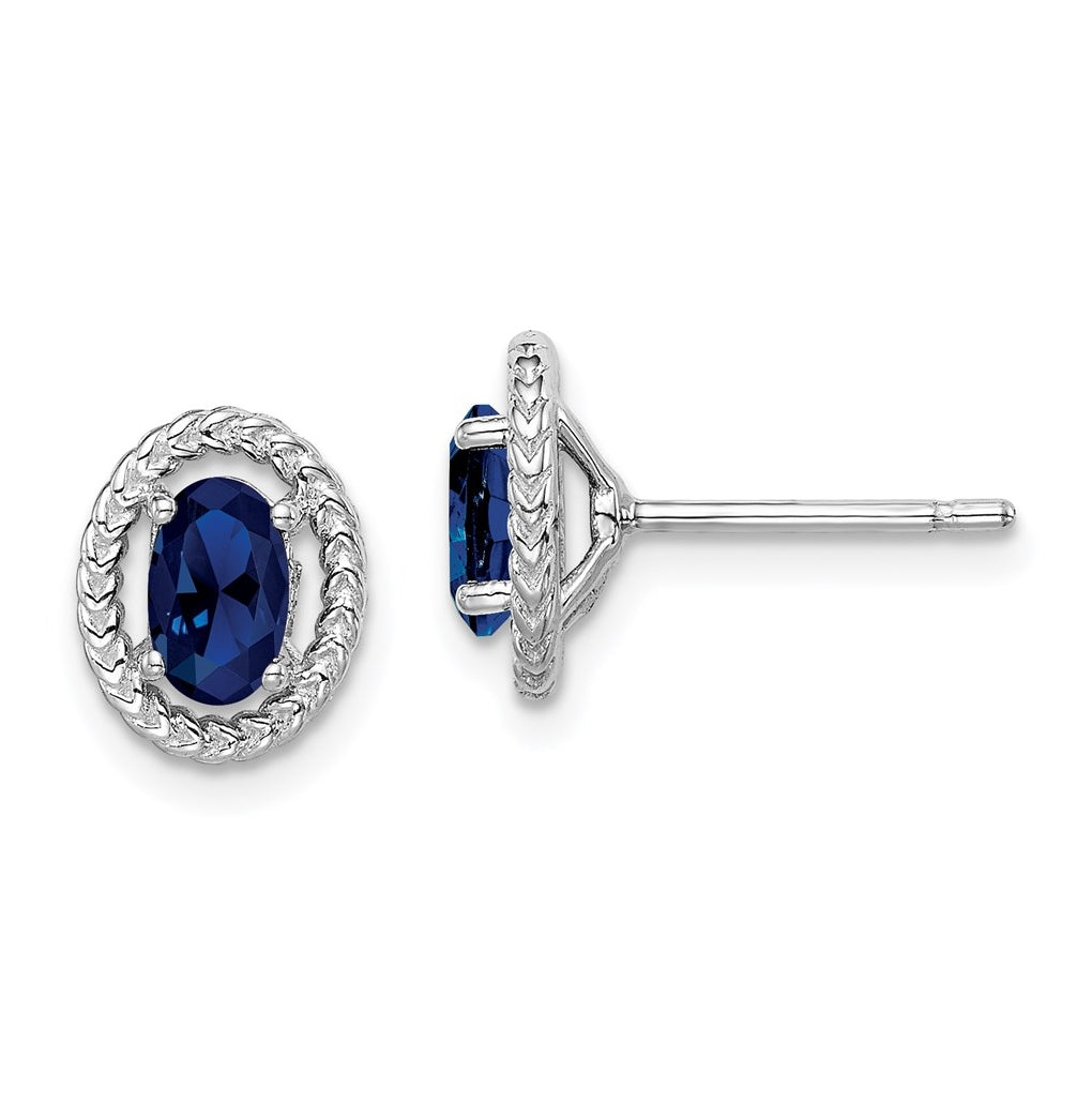 Sterling Silver Rhodium Plated Create Sapphire Oval Post Earrings