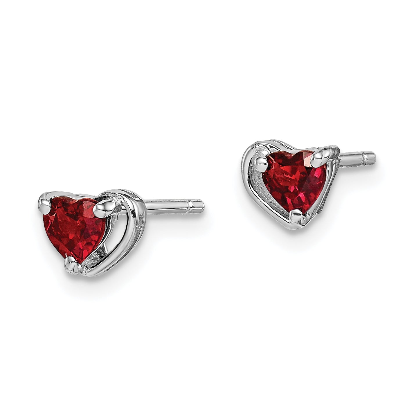 Sterling Silver Rhodium Plated Garnet Heart Post Earrings